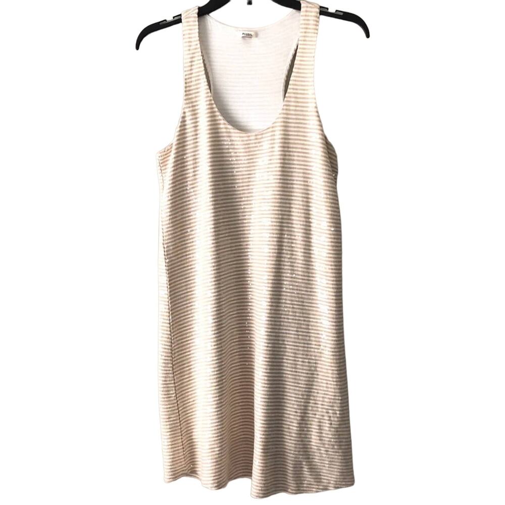 Fossil Tan White Stripe Clear Sequin Racerback Jersey Knit Lined Tank Mini Dress